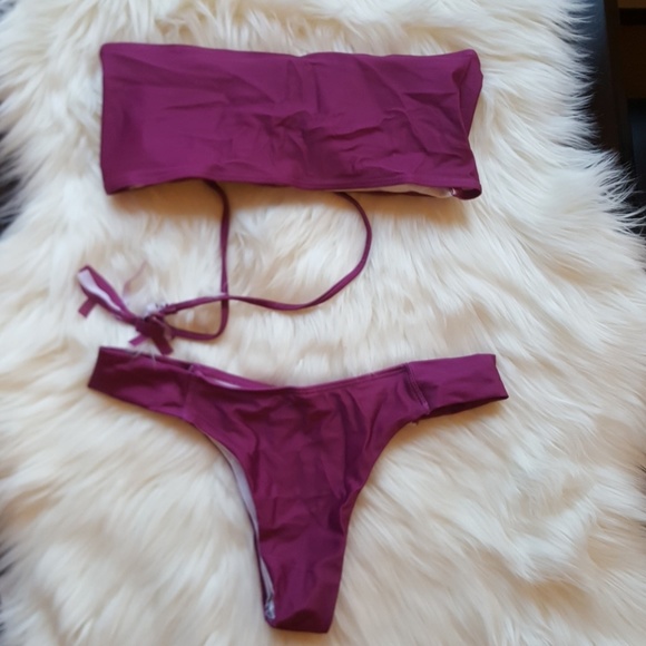 Red wine Bandeau lace up bikini set - Picture 4 of 7